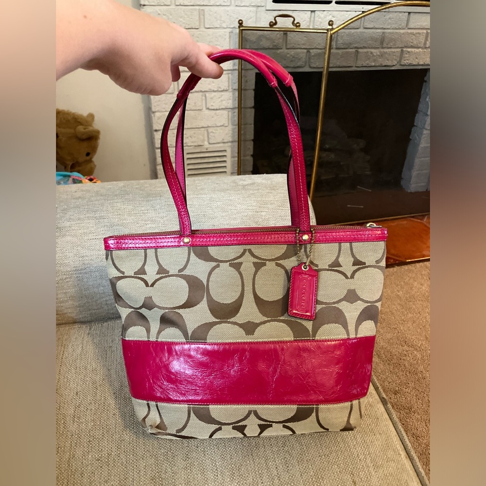 Coach Signature Canvas Tote with Hot Pink Leather Trim